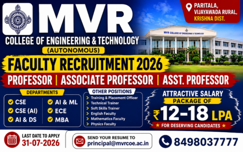 MVR College of Engineering & Technology Recruitment 2026 – Professor, Associate Professor & Assistant Professor Jobs