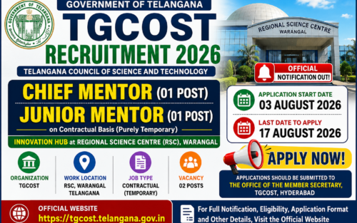 TGCOST Recruitment 2026 Notification Out for Chief Mentor & Junior Mentor Posts | Apply Before 17 August