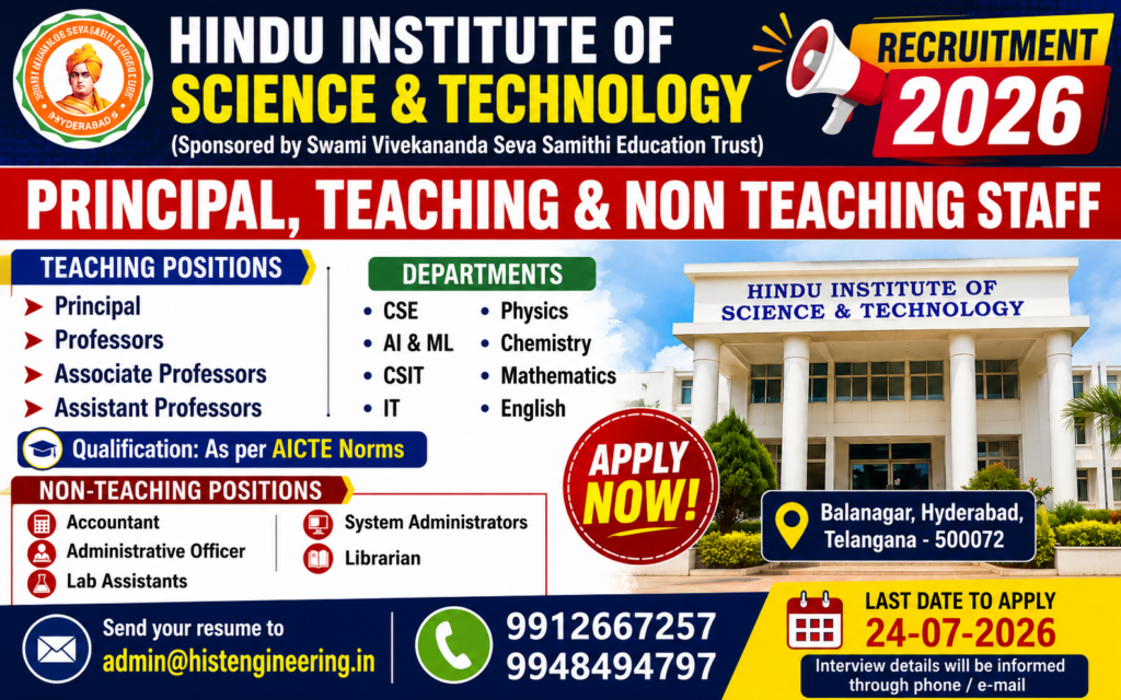Hindu Institute of Science & Technology Recruitment 2026 Notification for Principal, Teaching and Non-Teaching Staff Jobs in Hyderabad