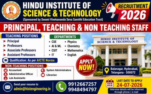 Hindu Institute of Science & Technology Recruitment 2026 | Principal, Teaching & Non-Teaching Jobs in Hyderabad